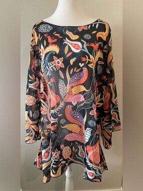 Folk Art Bird & Floral Print Sheer Oversized Tunic – Boho Bell Sleeve Blouse